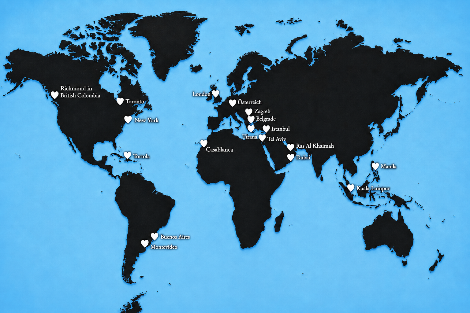 World map with TRUEHN TOWER locations marked by hearts